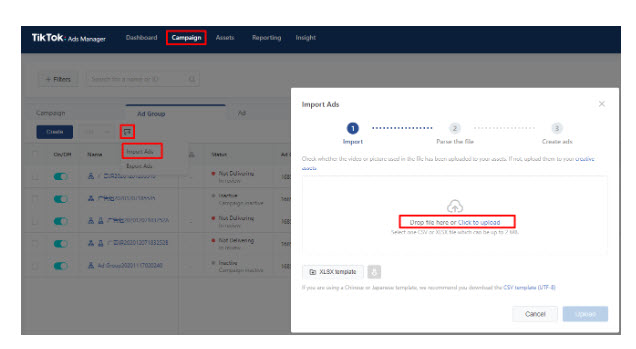 Tạo quảng cáo bằng tính năng nhập hàng loạt TikTok