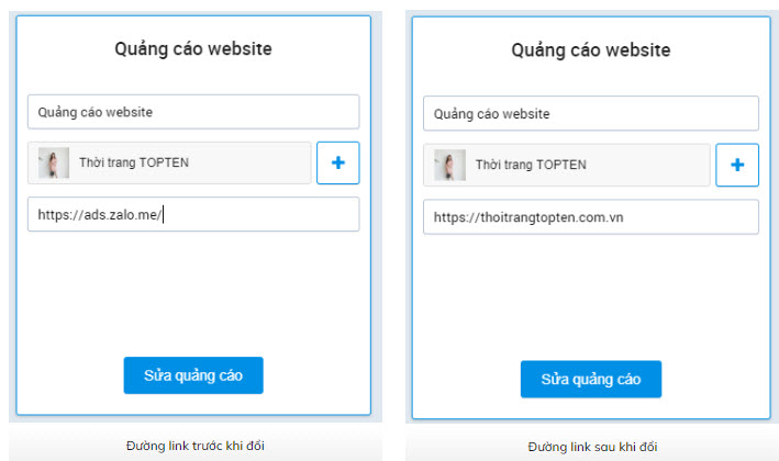 Thay đổi liên kết website khi quảng cáo đang chạy